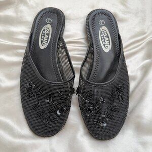 Black Beaded Mesh Slide Sandals